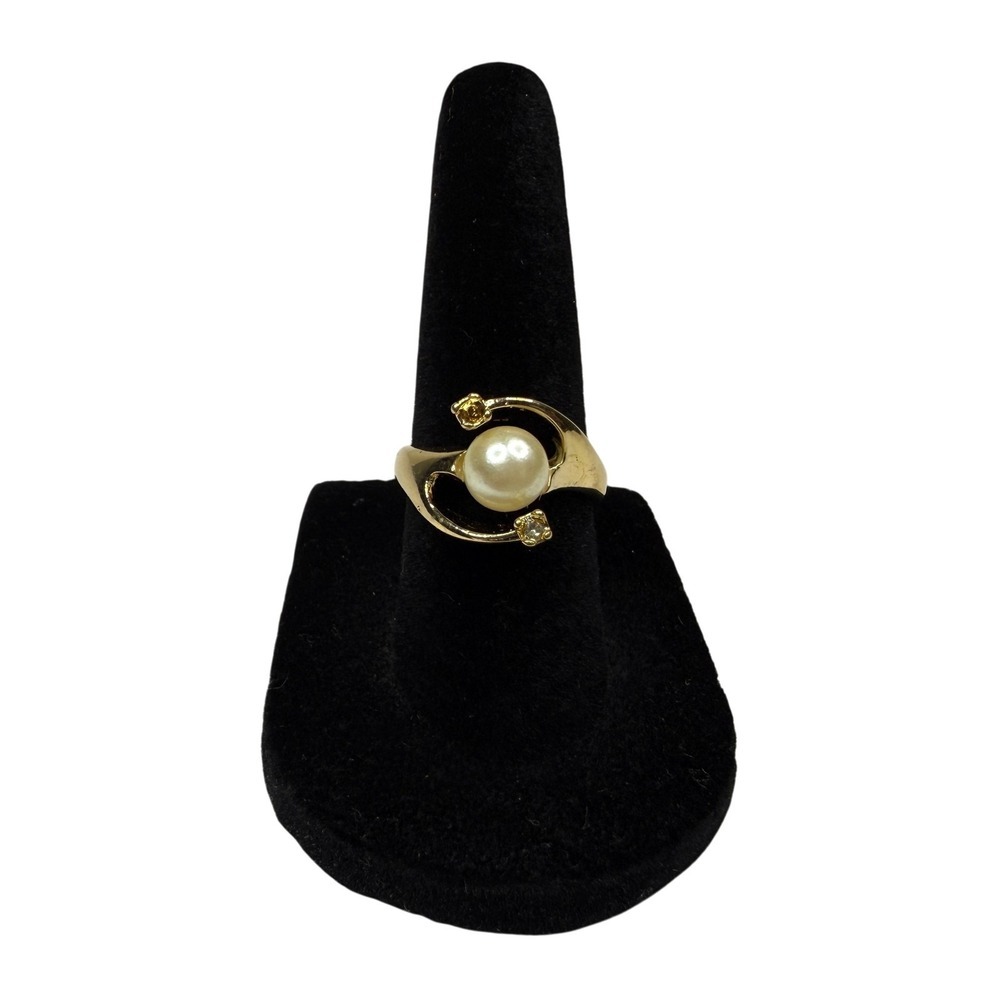 Elegant Gold Tone Faux Pearl & Rhinestone Bypass Statement Ring Size 6